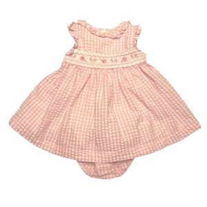 Pink gingham dress with flower smocking